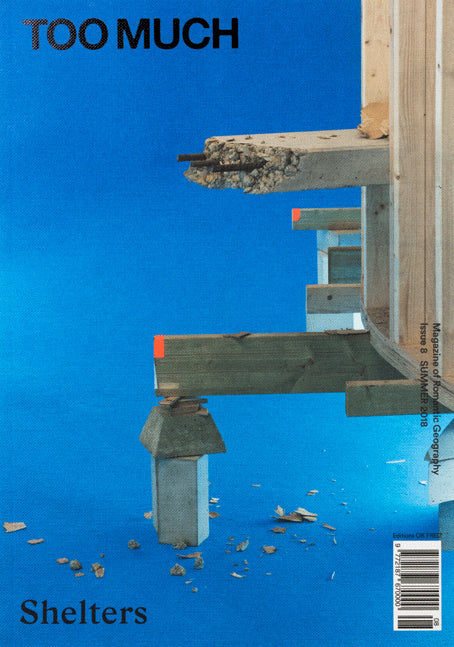 Book cover with architectural elements against a blue background and text 'Too Much Shelters'.
