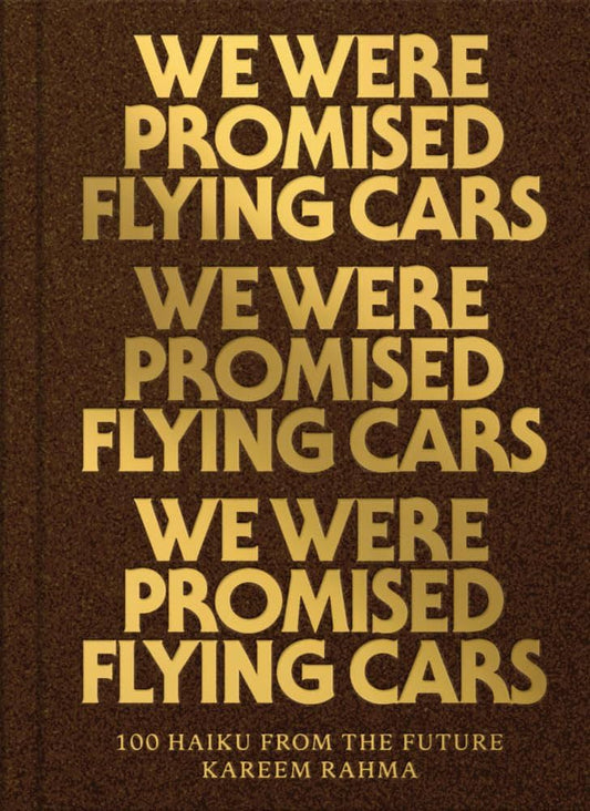 Book cover for 'We Were Promised Flying Cars' featuring stylized text on a brown background.
